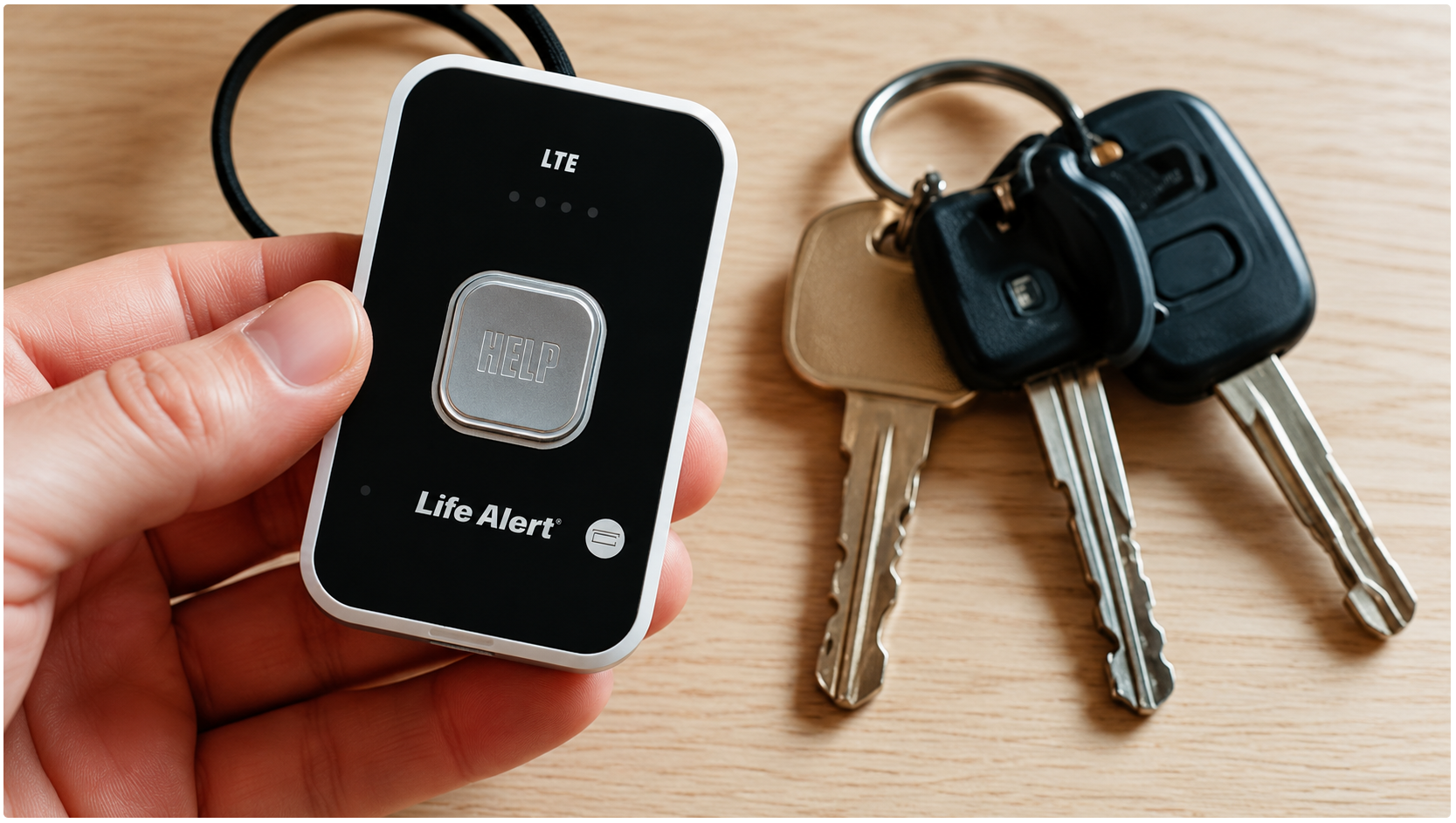 Life Alert HELP On-the-Go GPS device — waterproof, compact, never needs charging.