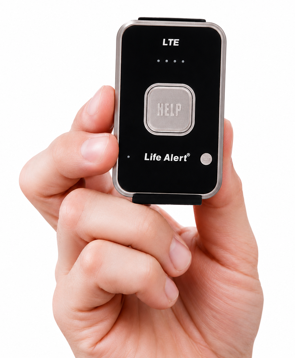 Life Alert HELP On-the-Go GPS device — waterproof, compact, never needs charging.