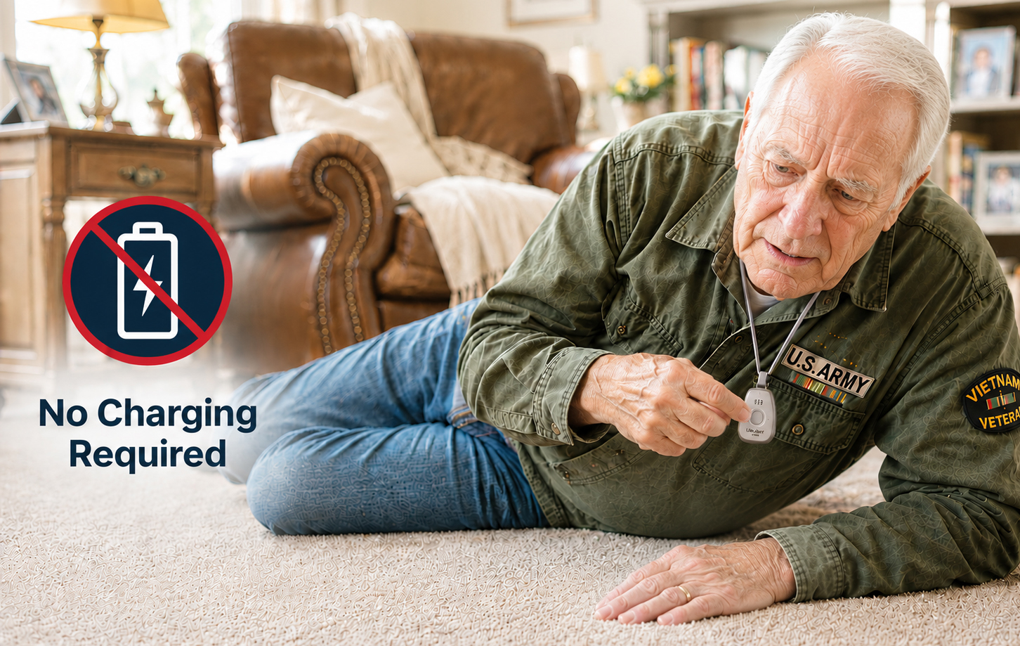 Life Alert medical alert device — no charging required.